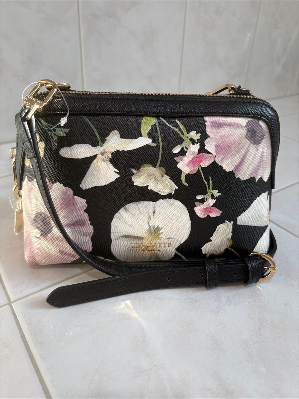 Ted Baker Black Floral Faux Leather Crossbody with Gold Hardware